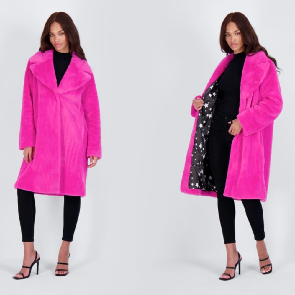 AVEC LES FILLES, HOT PINK FAUX FUR COAT - M